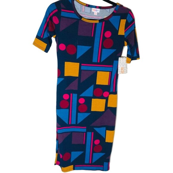 LuLaRoe Julia dress geometric blue yellow purple polyester size xs READ new - Picture 1 of 11